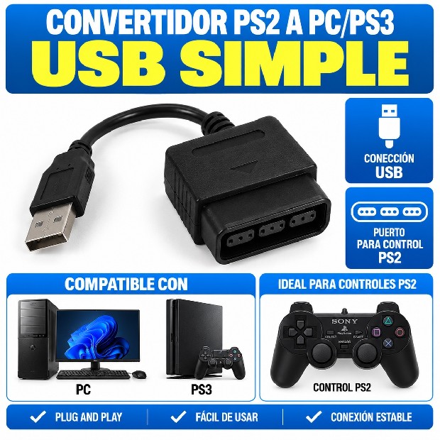 &ua CONVERTIDOR PS2 A PC O PS3 USB SIMPLE